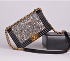 2014 Chanel Boy Grey Diamond Flap Shoulder Bag Black Original Leather A67086 Bronze A67086