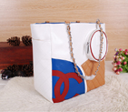 2014 Chanel Shopper Bag Calfskin Leather A6816 White&Wheat&Blue A6816