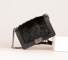 2015 Boy Chanel Embellished Cony Hair Flap Shoulder Bag A67086 Black A67086