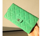 Chanel C006 Mint Green Cannage Pattern Nubuck Leather Long Tri-Fold Wallet C006