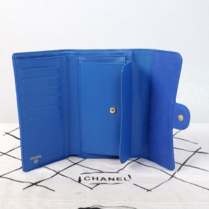 2014 Chanel C006 Blue Original Cannage Pattern Nubuck Leather Long Tri-Fold Wallet