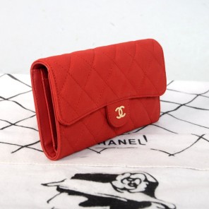 2014 Chanel C006 Red Original Cannage Pattern Nubuck Leather Long Tri-Fold Wallet