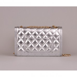 2014 Chanel Classic Flap Bag Silver Sheepskin Leather A25280 Gold