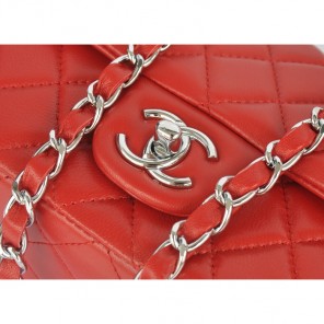 2014 Chanel mini Classic Flap Bag Red Original Sheekskin A1116 Silver
