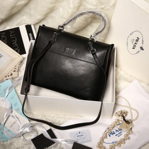 2014 Prada Lux Double Satchel Bag 348905 in Black Original Calfskin Leather