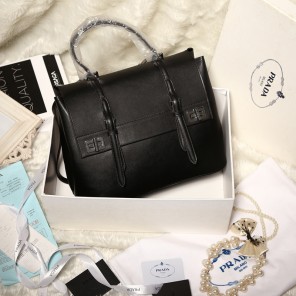 2014 Prada Lux Double Satchel Bag 348905 in Black Original Calfskin Leather