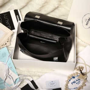 2014 Prada Lux Double Satchel Bag 348905 in Black Original Calfskin Leather