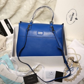 2014 Prada Lux Double Satchel Bag 348905 in Blue Original Calfskin Leather