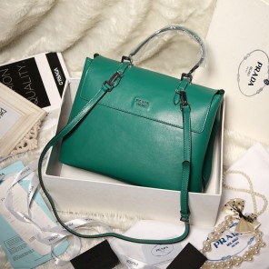2014 Prada Lux Double Satchel Bag 348905 in Green Original Calfskin Leather