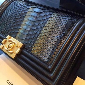2015 Boy Chanel Flap Shoulder Bag Python Leather A66095 Black