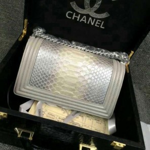 2015 Boy Chanel Flap Shoulder Bag Python Leather A66095 Silver