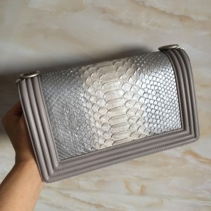 2015 Chanel Boy Flap Shoulder Bag Grey Original Snake Leather A67086 Silver