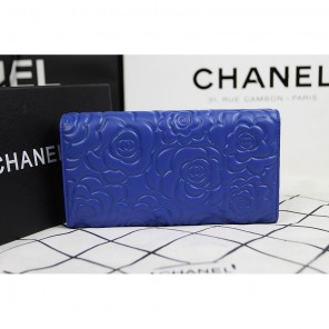 2015 Chanel Camellia Tri-Fold Wallet Original Leater A50084 Blue