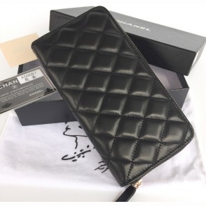 2015 Chanel Matelasse Zip Around Wallet Black Original Sheepskin A50097 Gold