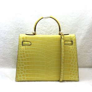 2015 Hermes Kelly 32cm Crocodile stripes Leather Bag Yellow with Gold hardware