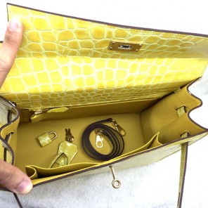 2015 Hermes Kelly 32cm Crocodile stripes Leather Bag Yellow with Gold hardware
