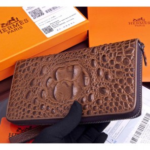 2015 Hermes Zip Around Wallet Original crocodile Leather H565 Coffee
