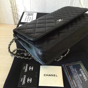 2016 Chanel WOC A33814 Black Original Sheepskin Leather Mini Flap Bag Silver