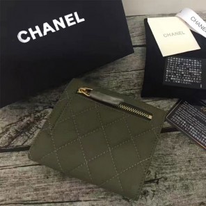2017 Chanel Matelasse Tri-Fold Wallet Original Calfskin Leather A82288 Olive Green
