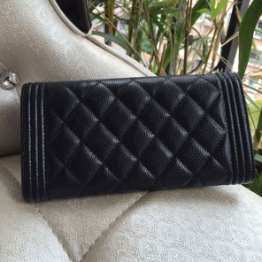 Boy Chanel Embroidery Bi-Fold Wallet Original Caviar Leather A80286 Black