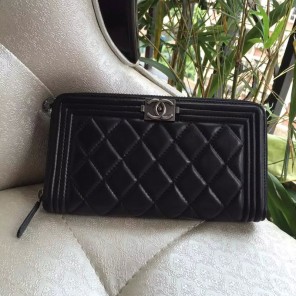 Boy Chanel Matelasse Original Sheepskin leather Zippy Wallet A80288 Black