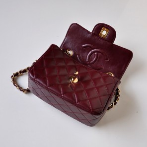 Chanel 1115 mini Classic Flap Bag Sheepskin Leather Claret in Gold