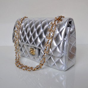 Chanel 2.55 Classic Flap Bag Sheepskin Leather in Silver with Gold Hardware