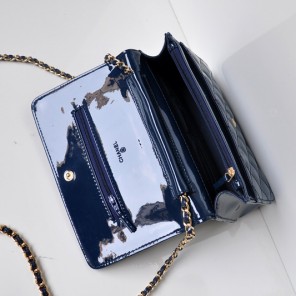 Chanel A33814 Patent Leather Flap Bag Blue in Gold