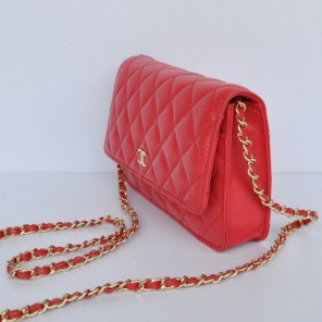 Chanel A33814 Sheepskin Leather Flap Bag Red in Gold