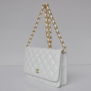 Chanel A33814 Sheepskin Leather Flap Bag White in Gold