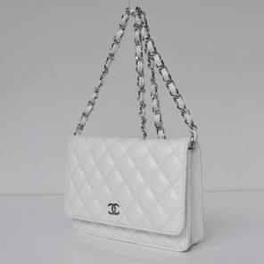 Chanel A33814 Sheepskin Leather Flap Bag White in Silver
