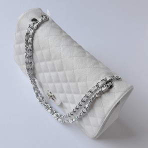 Chanel A47600 Caviar Leather Jumbo Flap Bag in White with Silver
