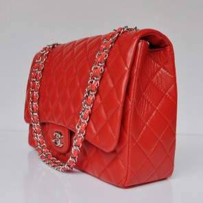 Chanel A47600 Lambskin Leather Jumbo Flap Bag in Red with Silver
