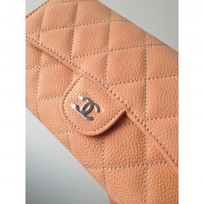 Chanel C006 Apricot Cannage Pattern Nubuck Leather Long Tri-Fold Wallet