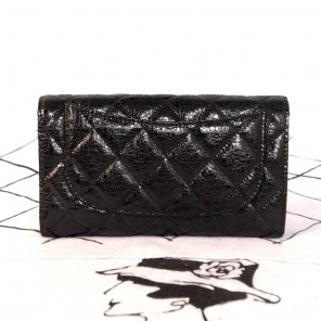 Chanel C006 Black Glazed Crackled Leater Long Tri-Fold Wallet