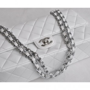 Chanel Classic Flap Bag 1113 Sheepskin leather in White with Silver