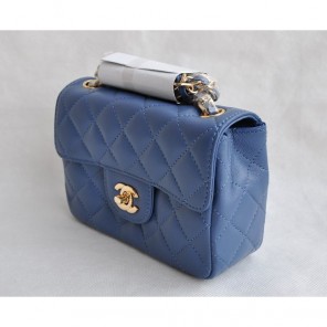 Chanel mini Classic Flap Bag Blue Sheekskin leather A1115 Gold