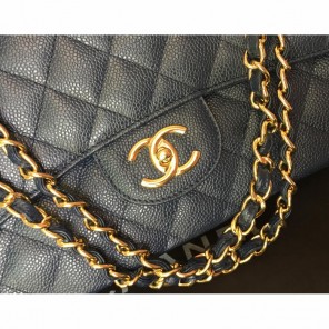 Classic Chanel Maxi Double Flaps Bag A36098 Blue Original Caviar Leather Gold