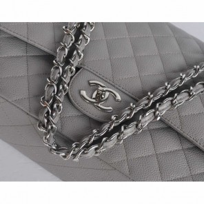 Classic Chanel Maxi Double Flaps Bag A36098 Grey Original Caviar Leather Silver