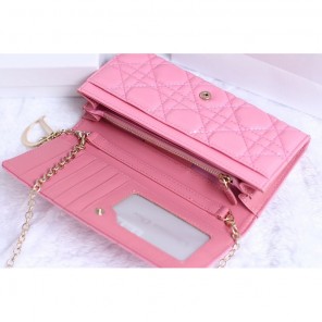 Dior Sheepskin Leather Long Leather Wallet with chain 1078 Pink