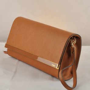 Fendi Pequin Rush Saffiano Pouchette Clutch F2558 Camel