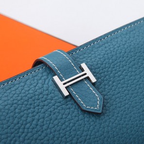 Hermes Bearn Japonaise Bi-Fold Wallet Original Clemence Leather A208 Medium Blue