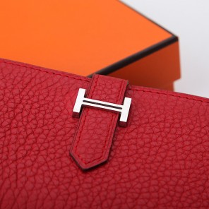 Hermes Bearn Japonaise Bi-Fold Wallet Original Clemence Leather A208 Red