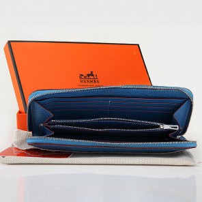 Hermes Zipper Wallet Original Clemence Leather A309 Medium Blue