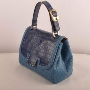 Fendi Silvana Croco-Ostrich Leather Flap Bag 2548 Blue