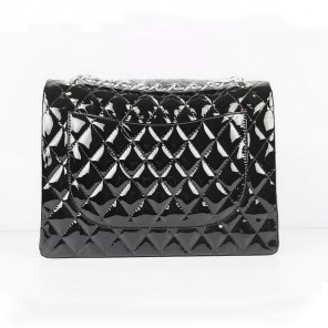 Chanel Flap Bag Quilted Black Patent with Silver Chain 1116