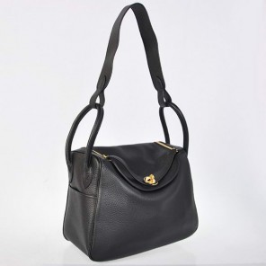 Hermes Lindy 30CM Havanne Handbags 1057 Black Leather Golden Hardware