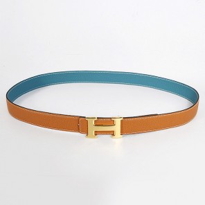 Hermes belt leather in Camel/Medium Blue with H gold Buckle