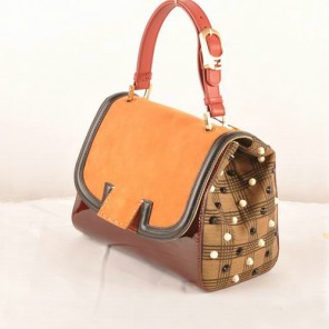 Fendi Silvana Suede&Patent Leather Flap Bag F2548 Tan&Bordeaux