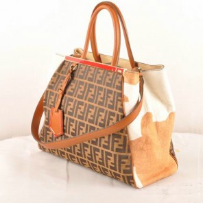 Fendi 2Jours Fabric&Horsehair Tote Bag F2552M Tan&White